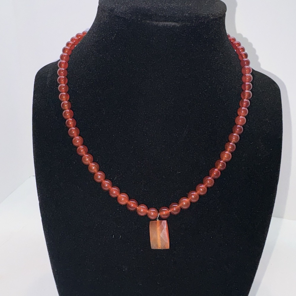 Vintage 925 sterling silver carnelian Beaded Necklace Red Agate Pendant 16" 22.8